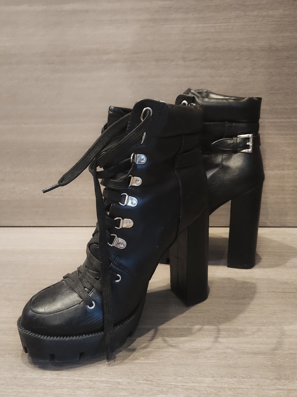 Black Lace-Up Chunky Heel Ankle Boots - Picture 2 of 3